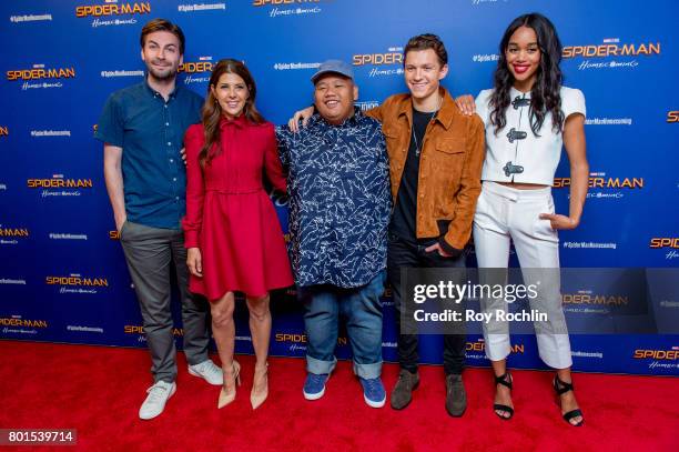 Jon Watts, Marisa Tomei, Jacob Batalon, Tom Holland and Laura Harrier attend "Spiderman: Homecoming" New York First Responders' screening at Henry R....