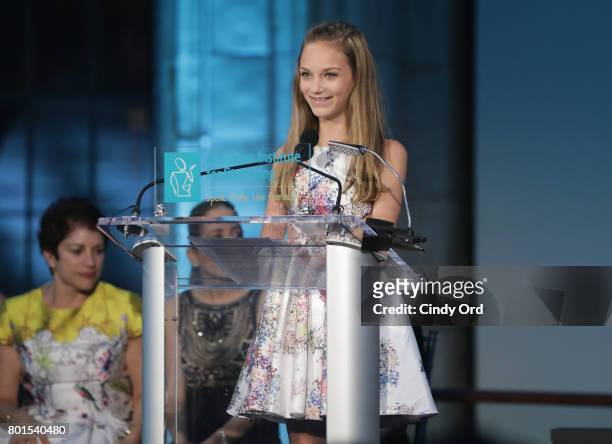 MaKenna Homayoon speaks onstage during the American Institute for Stuttering 11th Annual Freeing Voices Changing Lives Benefit Gala at Guastavino's...