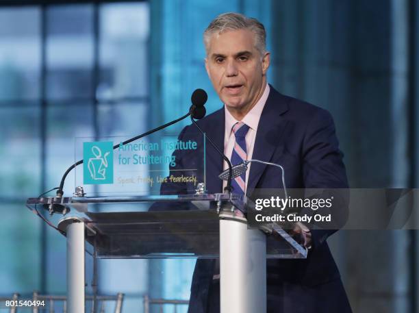 Freeing Voices Changing Lives Award Recipient Eric Dinallo speaks onstage during the American Institute for Stuttering 11th Annual Freeing Voices...