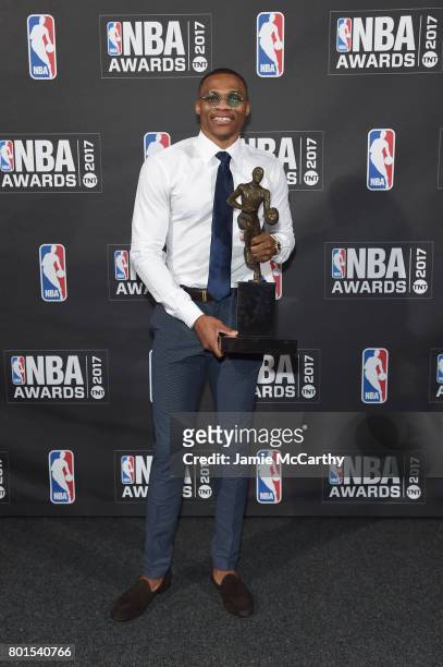 Player Russell Westbrook poses with the Kia NBA Most Valuable Player award at attends the 2017 NBA Awards live on TNT on June 26, 2017 in New York,...