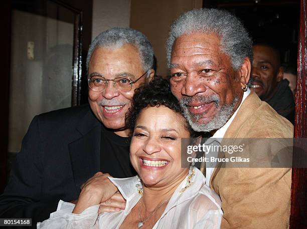 Director Debbie Allen poses with and actors James Earl Jones and Morgan Freeman during the opening night after party for the revival of Tennesee...