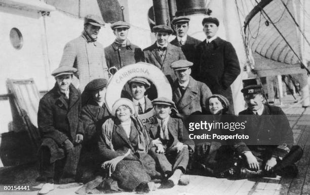 English comedy actors Charlie Chaplin and Stan Laurel are amongst the Fred Karno troupe en route to America on board the liner 'Cairnrona', 1910.