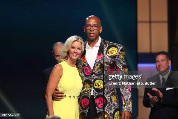 Monty Williams standing with Stacy Sager receives the Sager Strong Award at the NBA Awards Show on June 26, 2017 at Basketball City at Pier 36 in New...