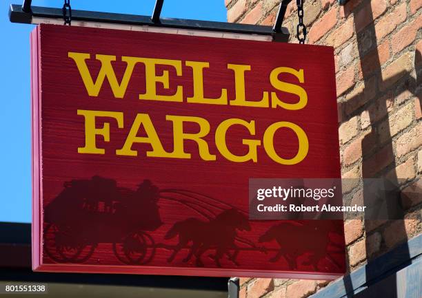 Sign hangs over the entrance to the Wells Fargo Bank in Aspen, Colorado.