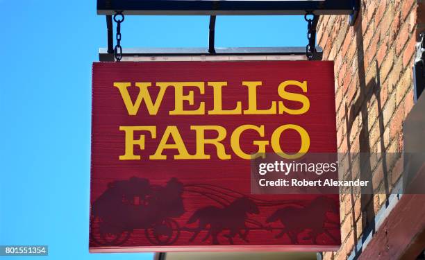 Sign hangs over the entrance to the Wells Fargo Bank in Aspen, Colorado.