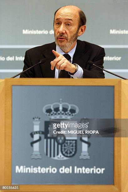 Spanish Interior Minister, Alfredo Perez Rubalcaba, gives a press conference in Madrid on March 7, 2008. A former councillor from Spain's ruling...