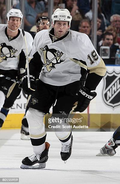 Ryan Whitney of the Pittsburgh Penguins skates against the Tampa Bay Lightning at St. Pete Times Forum on March 4, 2008 in Tampa, Florida.