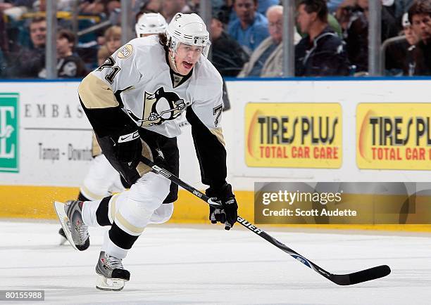 Evgeni Malkin of the Pittsburgh Penguins charges up ice against the Tampa Bay Lightning at St. Pete Times Forum on March 4, 2008 in Tampa, Florida.