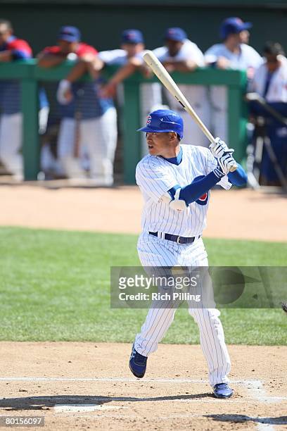 Kosuke Fukudome of the Chicago Cubs bats against the San Francisco Giants at HoHoKam Park in Mesa, Arizona on March 2, 2008. The Giants defeated the...