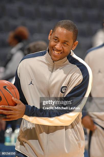 February 27: Austin Freeman of the Georgetown Hoyas smiles before a basketball game against the St. John's Red Storm at Verizon Center on February...