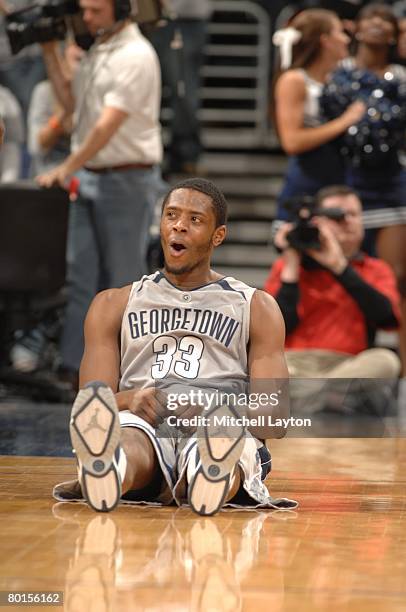 February 27: Patrick Ewing Jr. #33 of the Georgetown Hoyas celebrates a shot during a basketball game against the St. John's Red Storm at Verizon...