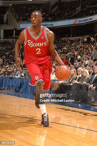 February 27: Anthony Mason Jr. #2 of the St. John's Red Storm dribbles the ball during a basketball game against the Georgetown Hoyas at Verizon...