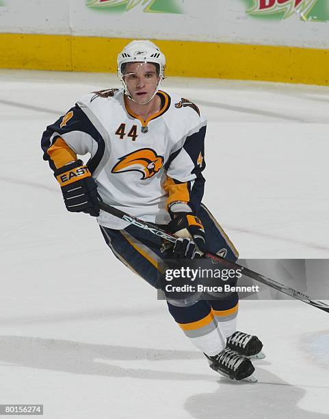 Andrej Sekera of the Buffalo Sabres skates against the Philadelphia Flyers on March 4, 2008 at the Wachovia Center in Philadelphia, Pennsylvania. The...
