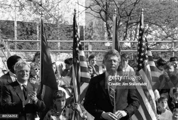 Presidential candidate Bill Clinton speaking on the campaign trail in downtown Minneapolis, Minnesota on May 12,1992. Walter Mondale, Bill Clinton.