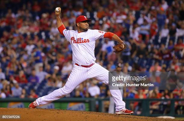 Joaquin Benoit of the Philadelphia Phillies throws a pitch during a game against the St. Louis Cardinals at Citizens Bank Park on June 21, 2017 in...