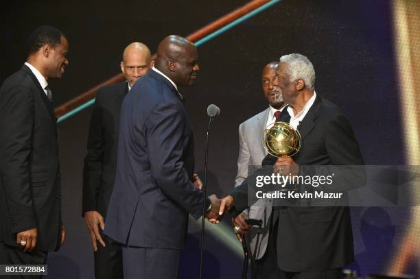 Legends David Robinson, Kareem Abdul-Jabbar, Shaquille O'Neal, Alonzo Mourning, and NBA Lifetime Achievement Award Winner Bill Russell speak onstage...