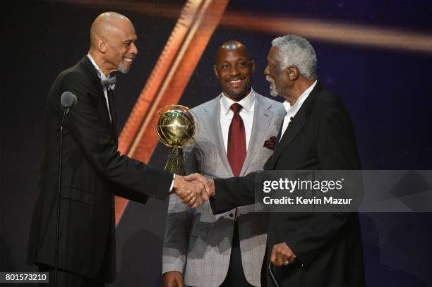 Legends Kareem Abdul-Jabbar, Alonzo Mourning, and NBA Lifetime Achievement Award Winner Bill Russell speak onstage during the 2017 NBA Awards Live on...