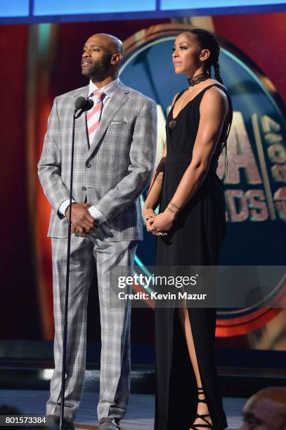 Player Vince Carter and WNBA player Candace Parker speak onstage during the 2017 NBA Awards Live on TNT on June 26, 2017 in New York, New York....