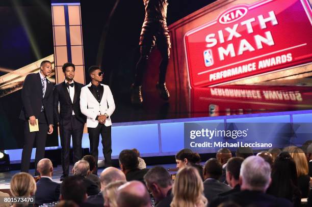 McCollum, Jussie Smollett and Bryshere Gray speak on stage during the 2017 NBA Awards Live On TNT on June 26, 2017 in New York City. 27111_001