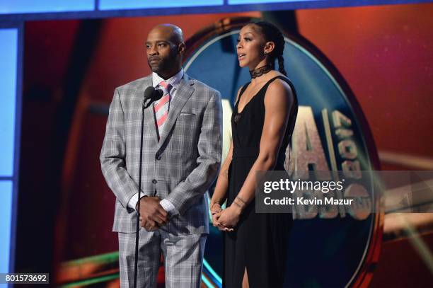 Player Vince Carter and WNBA player Candace Parker speak onstage during the 2017 NBA Awards Live on TNT on June 26, 2017 in New York, New York....