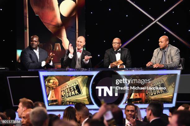 Shaquille O'Neal, Ernie Johnson, Kenny Smith, and Charles Barkley speak on stage during the 2017 NBA Awards Live On TNT on June 26, 2017 in New York...