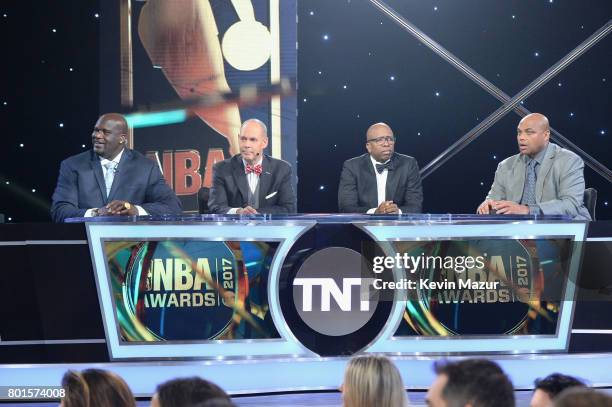 Shaquille O'Neal, Ernie Johnson, Kenny Smith, and Charles Barkley speak onstage during the 2017 NBA Awards Live on TNT on June 26, 2017 in New York,...