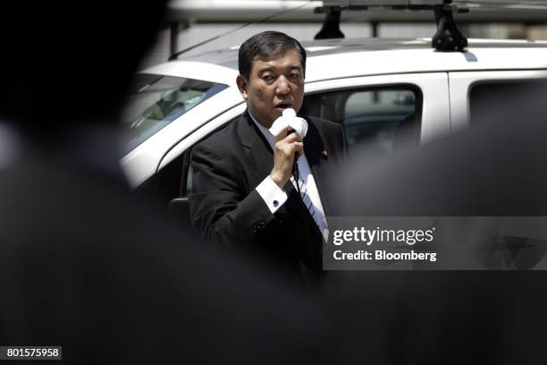 Shigeru Ishiba, a member of the Liberal Democratic Party and the House of Representatives, speaks during an election campaign event in Tokyo, Japan,...