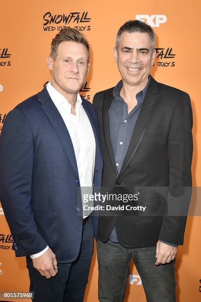 Trevor Engelson and Michael London attend the Premiere Of FX's "Snowfall" - Arrivals at The Theatre at Ace Hotel on June 26, 2017 in Los Angeles,...