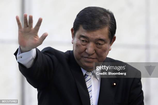 Shigeru Ishiba, a member of the Liberal Democratic Party and the House of Representatives, waves during an election campaign event in Tokyo, Japan,...