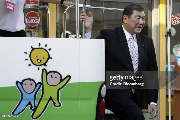 Shigeru Ishiba, a member of the Liberal Democratic Party and the House of Representatives, leaves a campaign van during an election campaign event in...