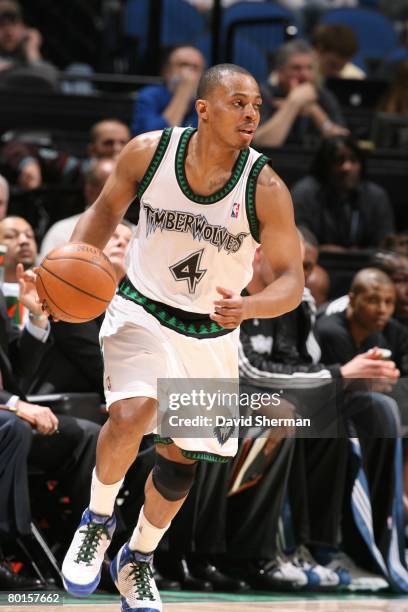 Randy Foye of the Minnesota Timberwolves moves the ball during the NBA game against the Utah Jazz on February 26, 2008 at the Target Center in...