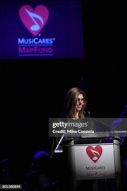 Board Member Alexandra Patsavas speaks on stage at the 13th Annual MusiCares MAP Fund Benefit Concert at the PlayStation Theater on June 26, 2017 in...