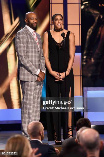 Player, Vince Carter and WNBA player, Candace Parker speak on stage during the 2017 NBA Awards Live On TNT on June 26, 2017 in New York City....