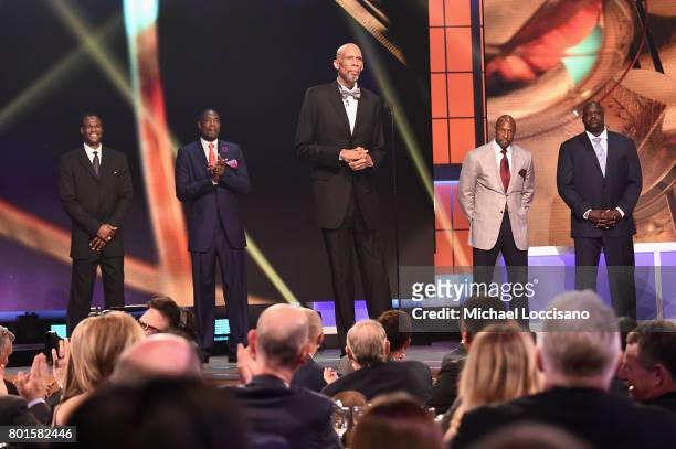 Legends Shaquille O'Neal, Kareem Abdul-Jabbar, Alonzo Mourning, and NBA Lifetime Achievement Award Winner Bill Russell on stage during the 2017 NBA...