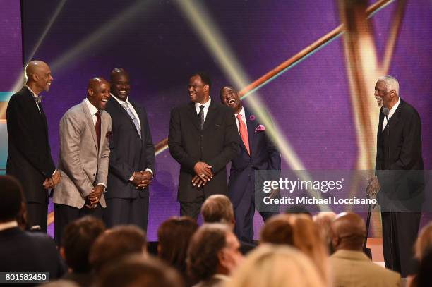 Legends Shaquille O'Neal, Kareem Abdul-Jabbar, Alonzo Mourning, and NBA Lifetime Achievement Award Winner Bill Russell on stage during the 2017 NBA...