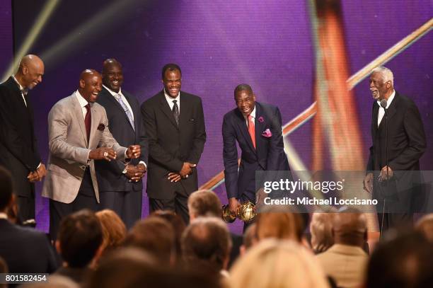 Legends Shaquille O'Neal, Kareem Abdul-Jabbar, Alonzo Mourning, and NBA Lifetime Achievement Award Winner Bill Russell on stage during the 2017 NBA...