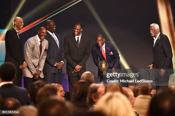 Legends Shaquille O'Neal, Kareem Abdul-Jabbar, Alonzo Mourning, and NBA Lifetime Achievement Award Winner Bill Russell on stage during the 2017 NBA...