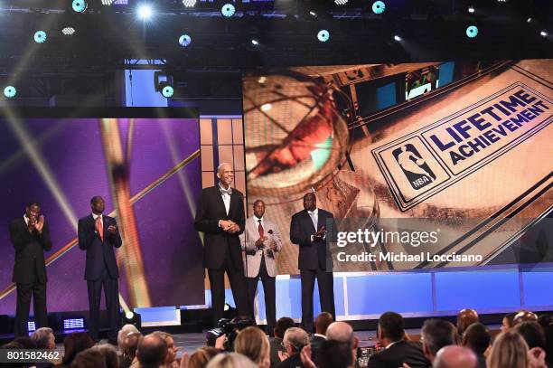 Legends Shaquille O'Neal, Kareem Abdul-Jabbar, Alonzo Mourning, and NBA Lifetime Achievement Award Winner Bill Russell on stage during the 2017 NBA...