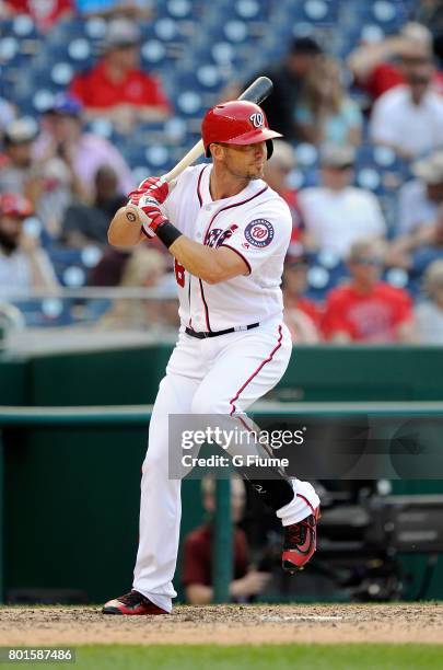 Ryan Raburn of the Washington Nationals bats against the Atlanta Braves at Nationals Park on June 14, 2017 in Washington, DC.