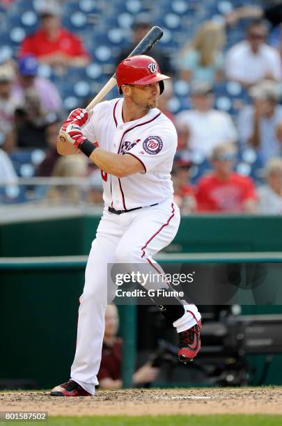 Ryan Raburn of the Washington Nationals bats against the Atlanta Braves at Nationals Park on June 14, 2017 in Washington, DC.