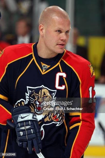 Olli Jokinen of the Florida Panthers on ice prior to the start of the game against the Pittsburgh Penguins at the Bank Atlantic Center on March 6,...
