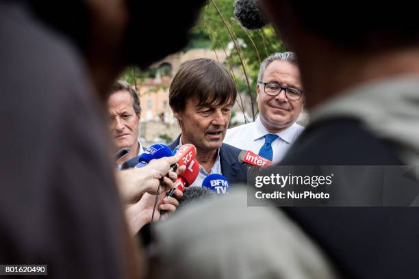 French Minister of Ecological and Inclusive Transition Nicolas Hulot answers to journalists' questions during a visit on June 26, 2017 in the new...