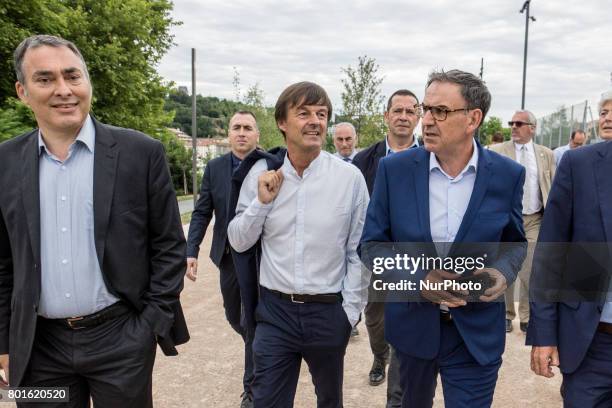 Mayor of the 4th district of Lyon David Kimelfeld and French Minister of Ecological and Inclusive Transition Nicolas Hulot during their visit at the...