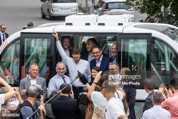 Mayor of the 4th district of Lyon David Kimelfeld and French Minister of Ecological and Inclusive Transition Nicolas Hulot greet people during their...