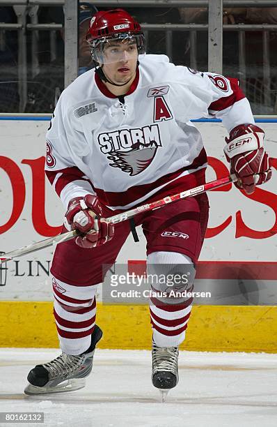 Drew Doughty of the Guelph Storm skates in a game against the London Knights on March 6, 2008 at the John Labatt Centre in London, Ontario.The...