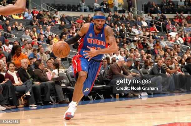 Richard Hamilton of the Detroit Pistons drives to the basket during the game against the Los Angeles Clippers on March 1, 2008 at Staples Center in...