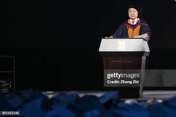 Mo Yan, Chinese novelist and winner of the 2012 Nobel Prize in Literature, gives a speech during the graduation ceremony of Shantou University on...