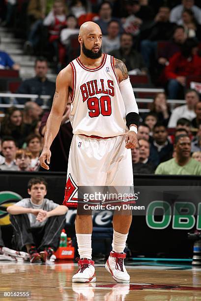 Drew Gooden of the Chicago Bulls stands on the court during the game against the Washington Wizards at the United Center on February 29, 2008 in...