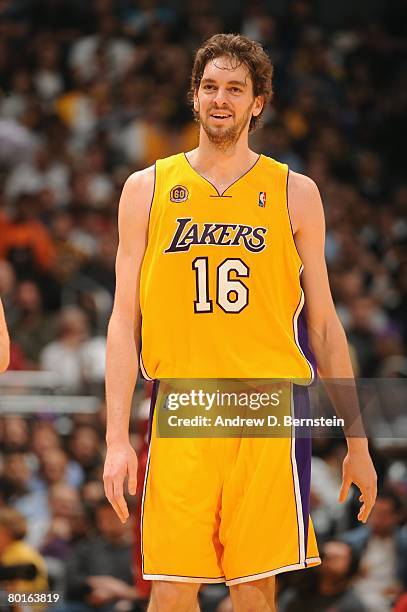 Pau Gasol of the Los Angeles Lakers cracks a smile during the game against the Miami Heat at Staples Center on February 28, 2008 in Los Angeles,...