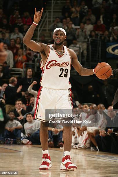 LeBron James of the Cleveland Cavaliers moves the ball against the Boston Celtics during the game on February 5, 2008 at The Quicken Loans Arena in...